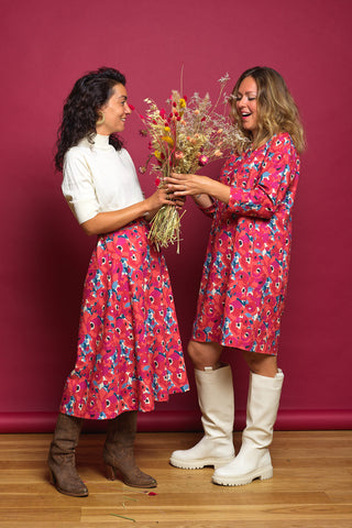 Jupe et robe éthiques de la marque MARIVA, imprimées de coquelicots sur coton bio, 100% fabriquées en France